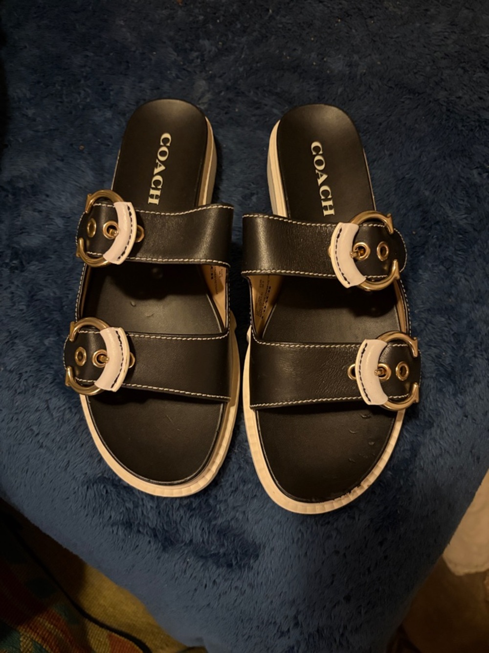 Coach Black Slide Sandals with White Trim and Gold Buckles